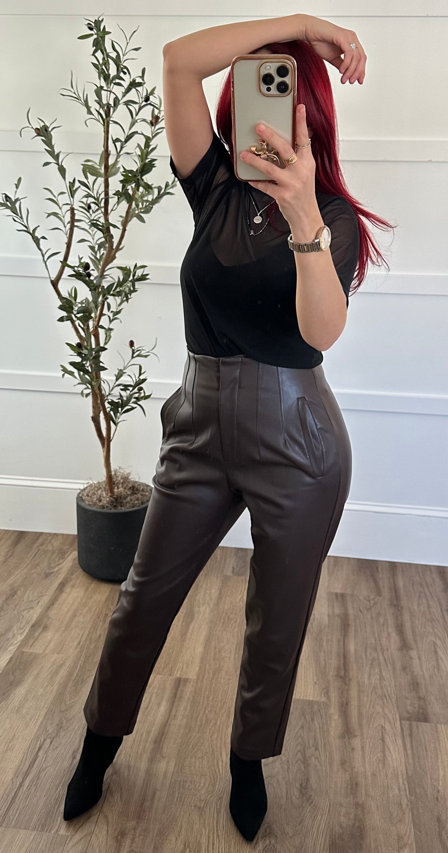 Chocolate Brown Faux Leather Slacks