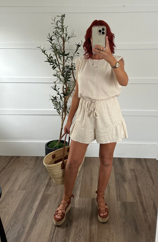 Shoulder Pad Tie Front Waisted Romper